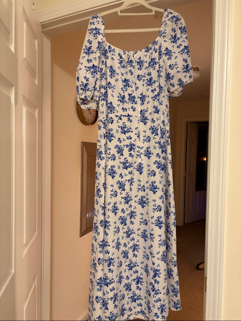 SHEIN White Midi Dress with Blue Floral Print and Puff Sleeves